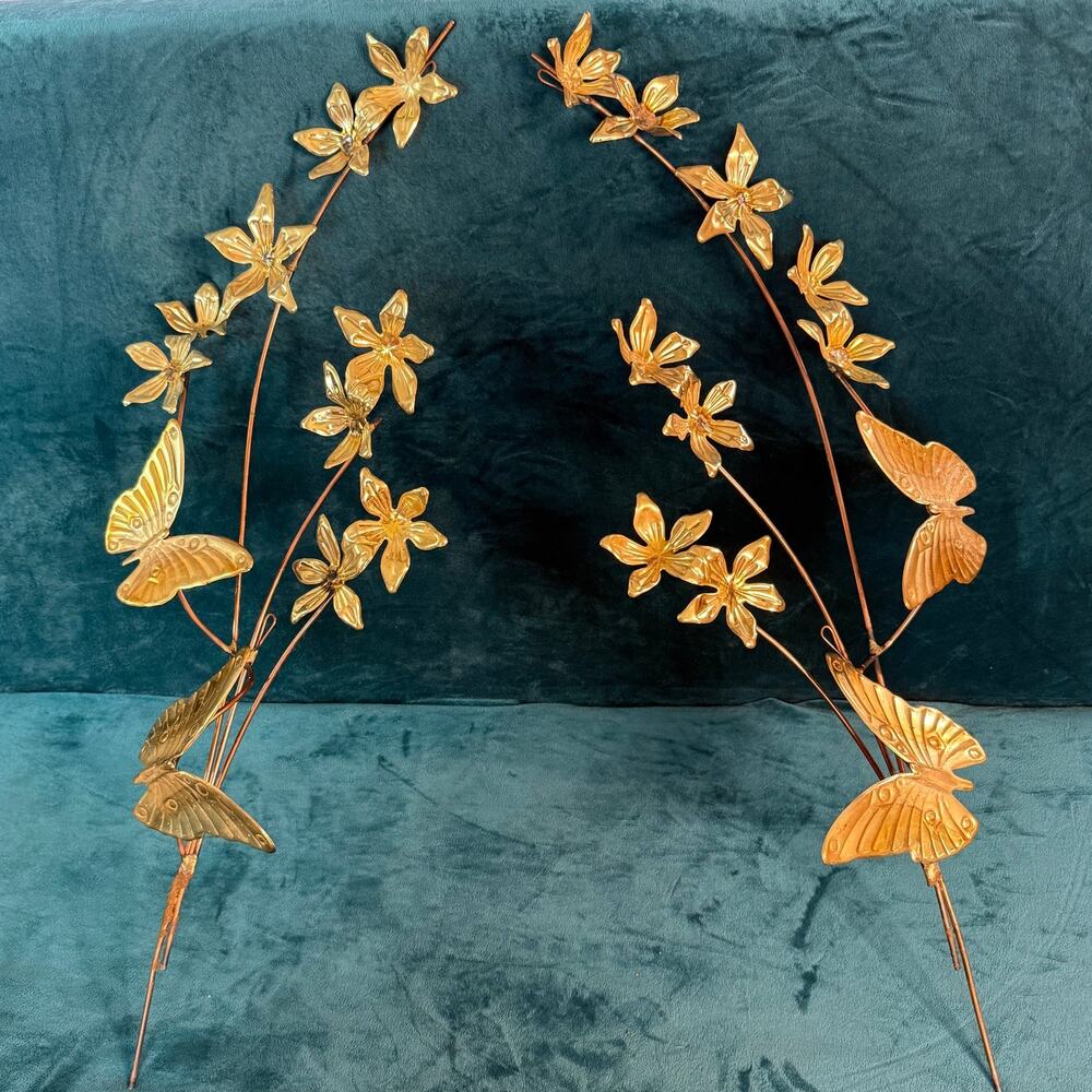 Vintage 70s / 80s set of 2 golden metal butterfly wall hangings / art